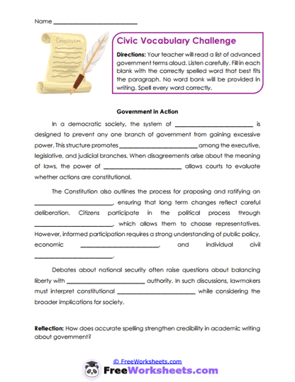 Civic Vocabulary Worksheet