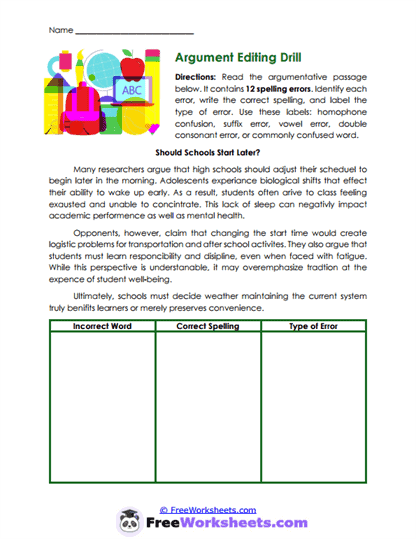 Editing Evidence Worksheet