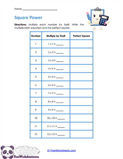 Perfect Squares Worksheet