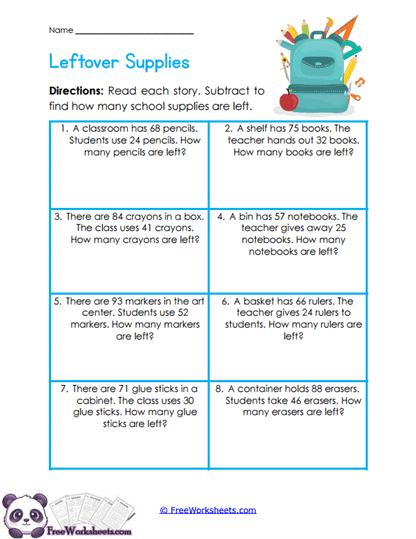 School Supply Leftovers Worksheet