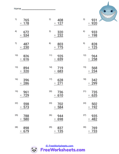 Shark Subtract Worksheet