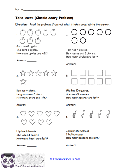 Subtraction Word Problems up to 10 Worksheet Collection