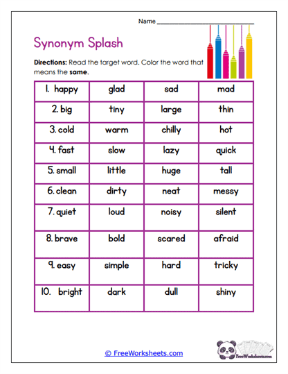 Synonym Splash Worksheet