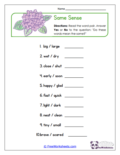 Same Sense Worksheet