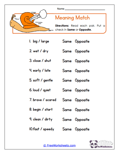Meaning Match Worksheet