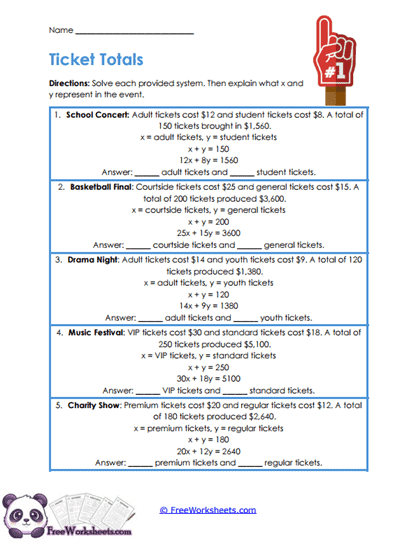 Ticket Models Worksheet