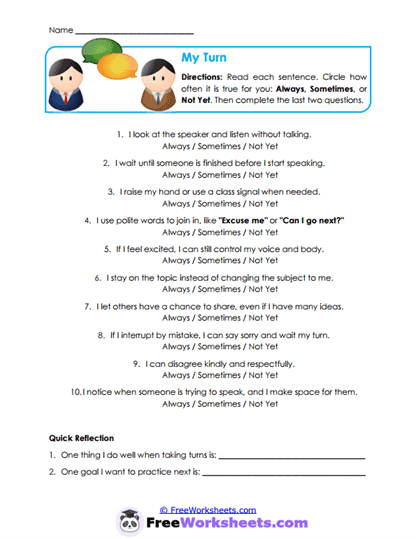 My Turn Worksheet