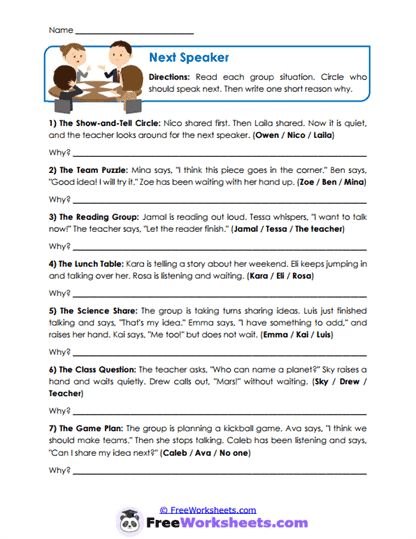 Next Speaker Worksheet
