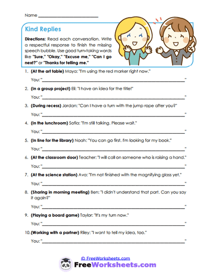 Kind Replies Worksheet