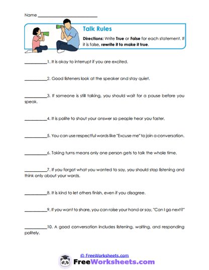 Talk Rules Worksheet