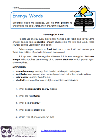Energy Words Worksheet