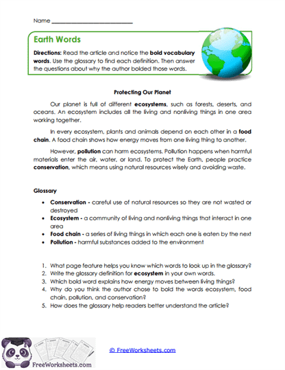 Earth Words Worksheet