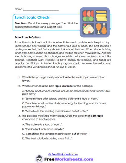 Lunch Logic Check Worksheet