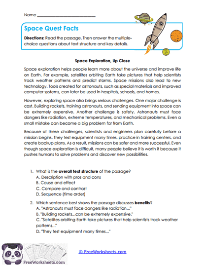 Space Quest Facts Worksheet