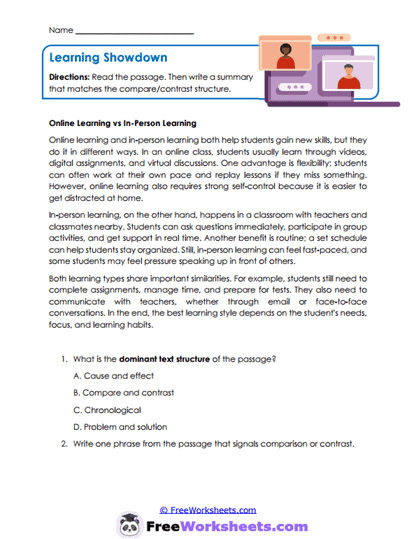 Learning Showdown Worksheet