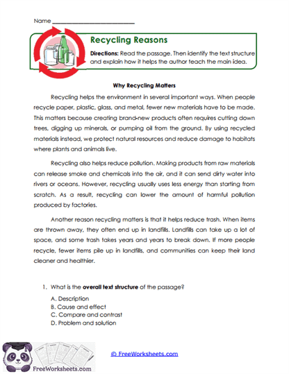 Recycling Reasons Worksheet