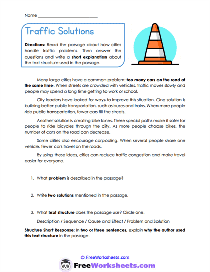 Traffic Solutions Worksheet