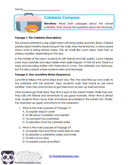Cafeteria Compare Worksheet