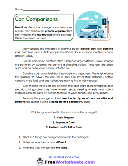 Car Comparisons Worksheet