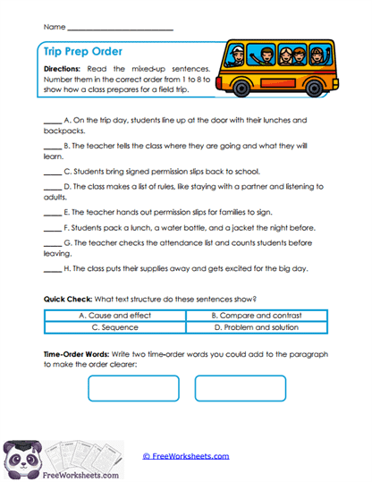 Trip Prep Order Worksheet