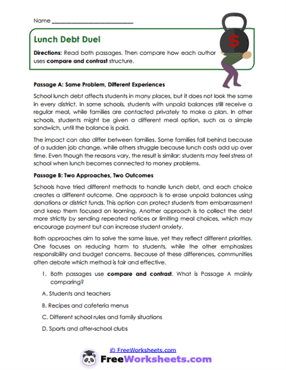 Lunch Debt Duel Worksheet