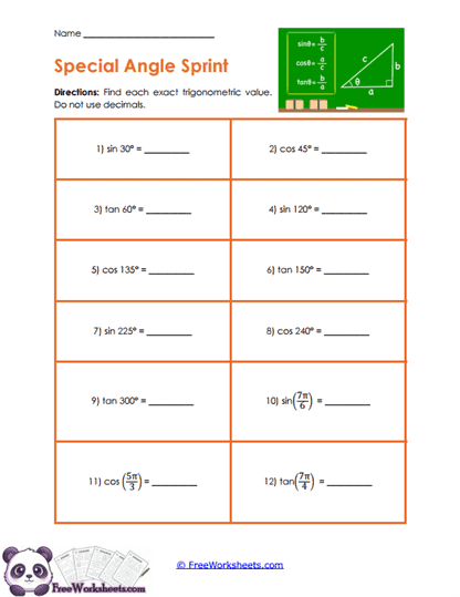 Exact Trig Worksheet
