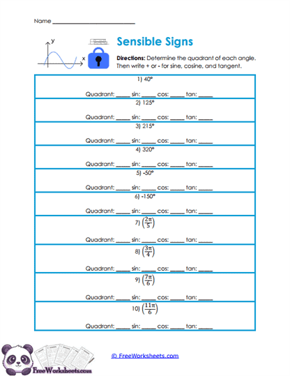 Trig Signs Worksheet