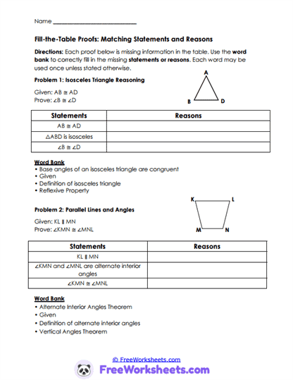 Table Proofs Worksheet