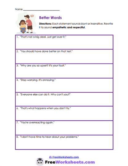 Gentler Words Worksheet