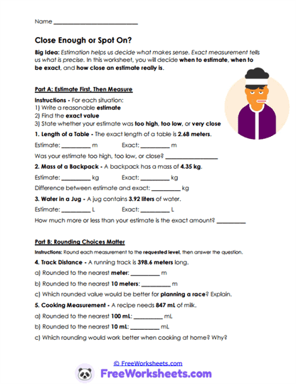 Estimate Wisely Worksheet