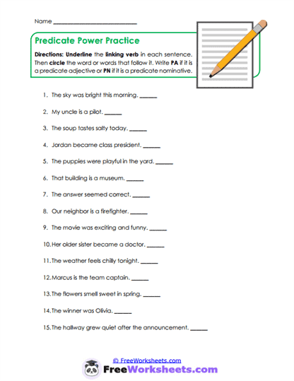 Predicate Complements Worksheet
