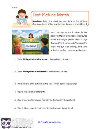Text Picture Match Worksheet