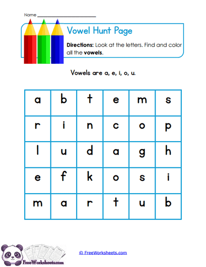Vowel Hunt Page Worksheet
