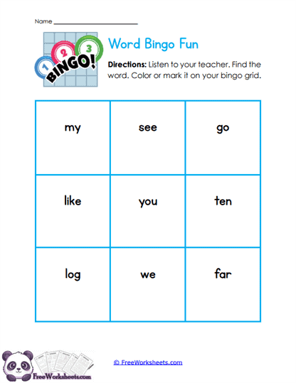 Word Bingo Fun Worksheet