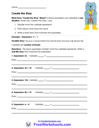 Algebra Stories Worksheet