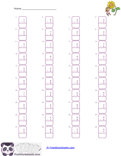 Vertical Subtraction Boxes Worksheet