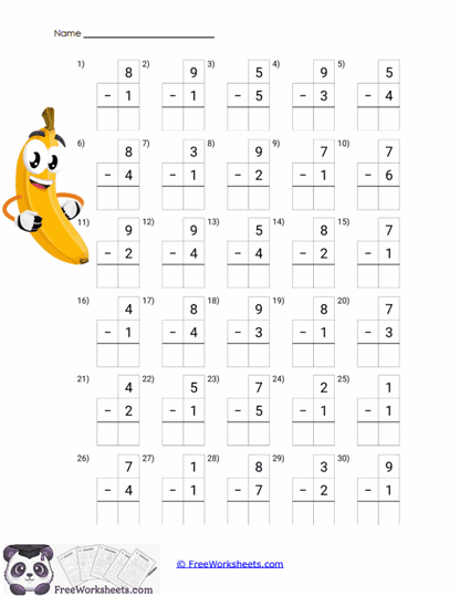 One Digit Subtraction Worksheets